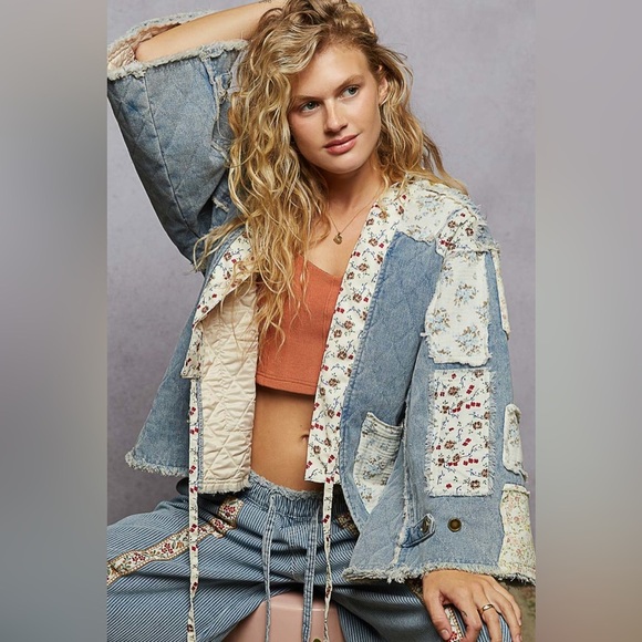 Patchwork Denim Jacket with Floral Accents - Picture 2 of 4